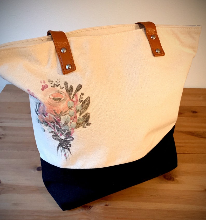 Downtown Tote Bag Metro Bag Shopping Bag Fashion Tote Flower Bouquet Flower Bag 15.5X14.5X4.5 Gifts for her Cotton Canvas Bag