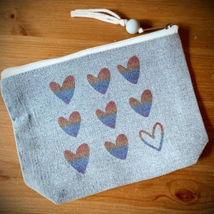 Recycled Medium Beutel - Regenbogen Herzen 20 "X5,5 "X 2" Grau, Reise, Schminktasche, Kosmetik, Brautjungfer Geschenk, Kulturbeutel, Geschenke für sie, Eco