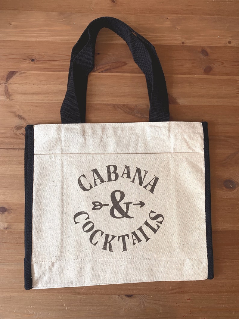 Reusable Shopping Bag Canvas Bag Beach Bag 14.5X12.25X4.5 Beach Tote Book bag Tote Bag Cabana and Cocktails Farmers Market Bag