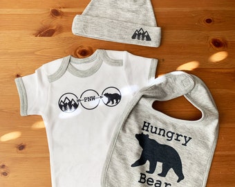 Baby Gift Set - Hungry Bear, Baby Shower Gift, Baby Gift, Baby Bodysuit Gift Set, Newborn Gift Set, Infant Gift Set, PNW Baby Gift