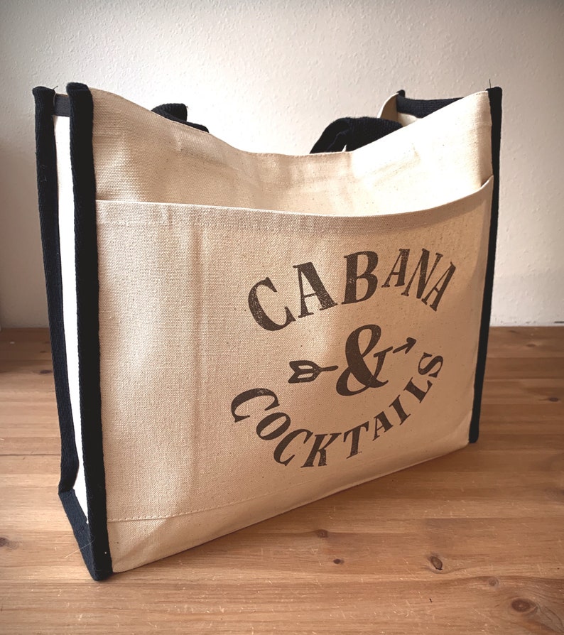 Reusable Shopping Bag Canvas Bag Beach Bag 14.5X12.25X4.5 Beach Tote Book bag Tote Bag Cabana and Cocktails Farmers Market Bag