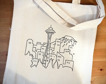 Reusable Shopping Bag - Seattle 14"X15"X4", Grocery Bag, Farmers Market, Tote Bag, Heavy Canvas, PNW, Pacific Northwest, Sustainable Gift