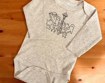 Baby Bodysuit, Seattle, Grey, Bodysuit, Baby Gift, Newborn, Infant, Baby Shower Gift, PNW, Cute Bodysuit, Pacific Northwest, Space Needle