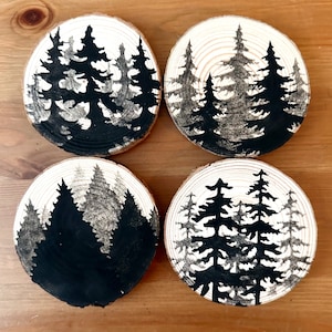 Hand Painted Coaster Set, Trees, Raw Wood, Gifts Giving, PNW, Pacific Northwest, Outdoor Lover Gift, Home Decor, Modern Decor, Black & White