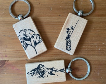 Wood Key Chain, Hand Painted, PNW, Floral, Mountains, Nature, Outdoors, Outdoor Lovers Gift, Stocking Stuffer, Raw Wood, Charm, Bag Charm