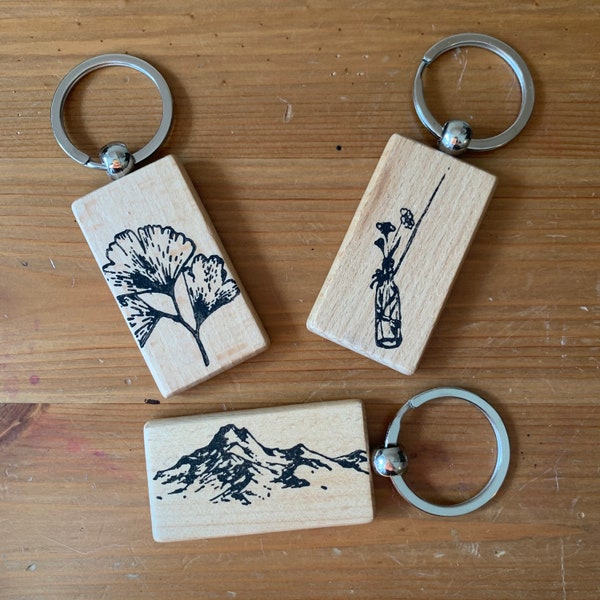 Wood Key Chain, Hand Painted, PNW, Floral, Mountains, Nature, Outdoors, Outdoor Lovers Gift, Stocking Stuffer, Raw Wood, Charm, Bag Charm