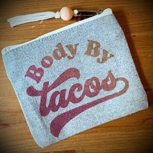 Mini bolsa reciclada - Tacos 5.5 "X4.5, gris, monedero de monedas, billetera, cremallera, bolsa, soporte de tarjeta de regalo, humor, regalo divertido, regalos para él, viaje