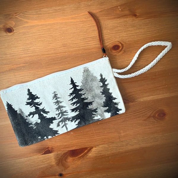 Canvas Wenatchee Wristlet, Trees, 7.75"X4", Cell Phone Case, Small Wallet, Pencil Pouch, Coin Purse, Travel Pouch, Cotton, Leather