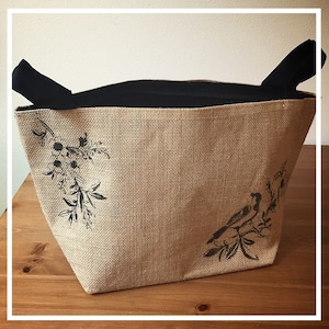 Garden Bag - Bird, 16.5&quot;X9&quot;X7&quot;, Farmers Market Bag, Reusable Bag, Bird Art, French Toile, Lined Shopping Bag, Small Carry Bag, Jute Tote