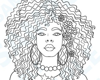 Adult Coloring Page, Mother's Day 2024, Black Woman Coloring, Self Care Coloring, Color Therapy, Big Afro, Sip and Paint, Paint and Sip