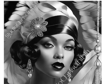 Adult Coloring Page, 1920s Fashion, Mother's Day 2024, Grayscale, Black Woman Coloring, Melanin Goddess, Self-Care Coloring, Sip and Paint