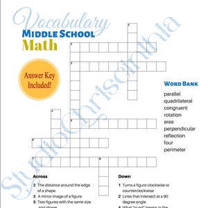 Math Vocabulary Crossword Puzzle, Middle School, STEM Education, STEAM Education, Instant Download