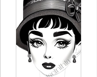 Audrey Hepburn Coloring Page, Mother's Day 2024, Adult Coloring Page, Self-Care Coloring, Grayscale Coloring, Color Therapy, Sip and Paint
