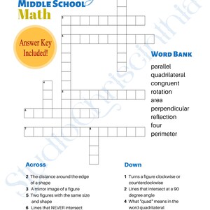 May include: A middle school maths vocabulary crossword puzzle worksheet featuring a word bank with terms like parallel, quadrilateral, and congruent. The page includes across and down clues, a grid for answers, and the text Answer Key Included.