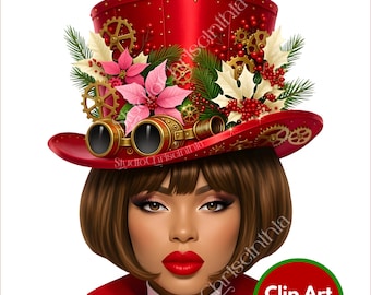 Afrofuturistische Steampunk Kerstclipart, Afrofuturisme, Kerst 2026, Steampunk Kerst, Melanine Godin, Transparante PNG