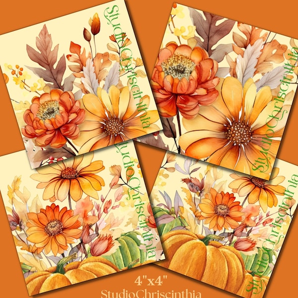 4x4 Inch Printable Images, Sunflowers and Pumpkins, Magnets, Coasters, Decorative Tiles, Stickers, Pendants, Journals, Scrapbooks, Gift Tags