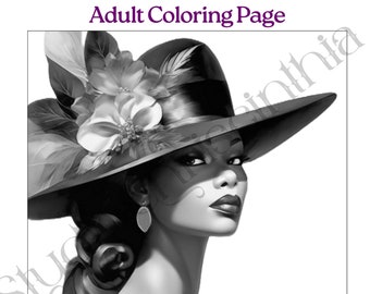 Adult Coloring Page,  Church Fashion, Easter 2024, Melanin Goddess, Self-Care Coloring, Color Therapy, Grayscale, Sip and Paint