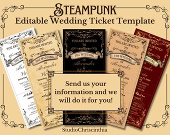 Steampunk Wedding Ticket Template, Wedding Invitation, MADE-TO-ORDER,  Template Service, Wedding Ticket Invitation, Steampunk Wedding