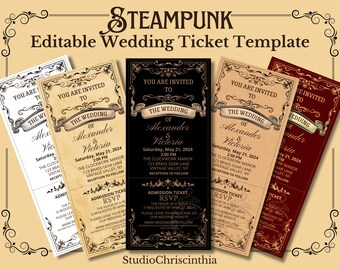 Steampunk Wedding Ticket Template, Wedding Invitation, Steampunk Wedding,  Steampunk, Ticket Template, Wedding Vow Renewal, RSVP Invitation