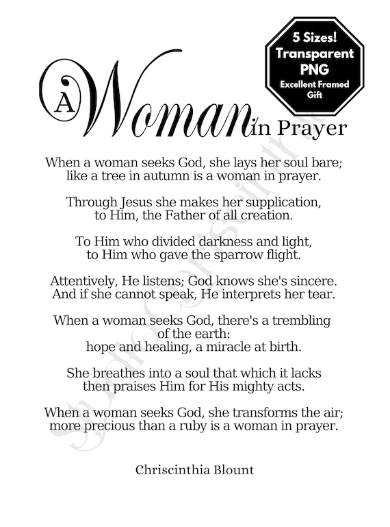 Woman in Prayer Christian Poem Print, Women's Ministry, Church Conference Gift, Praying Women, Women of God, Black Color, Transparent PNG