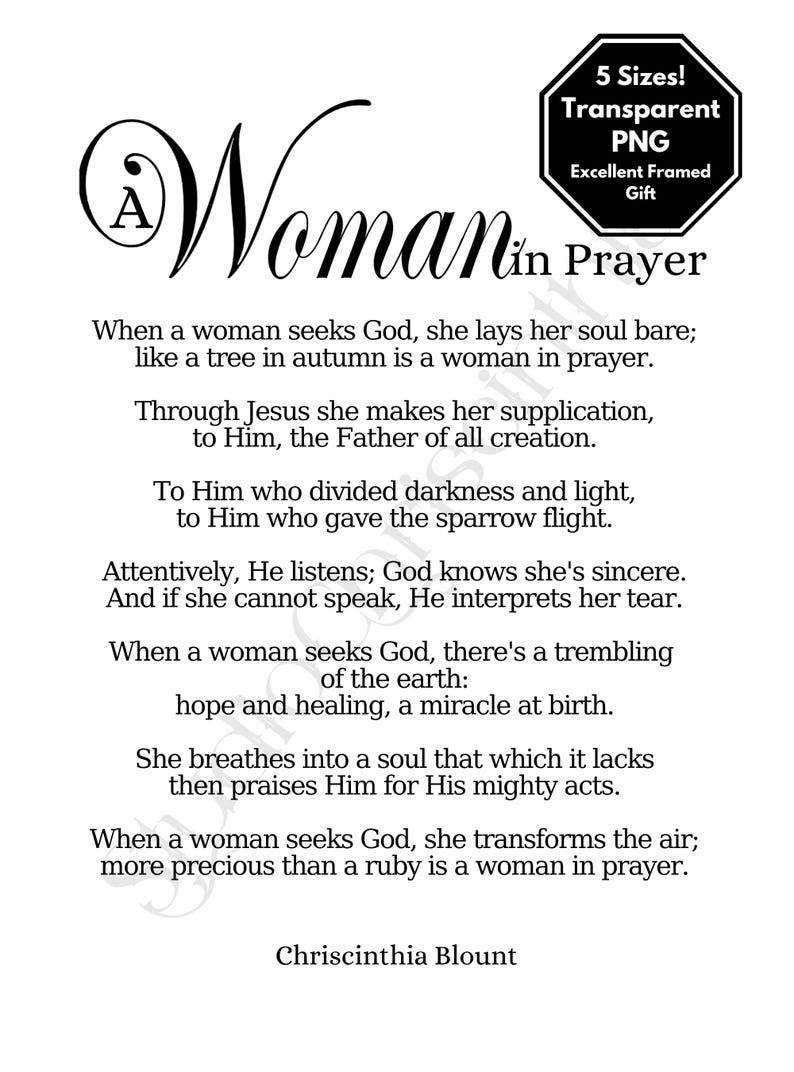 Op de afbeelding: Een zwart-wit print met de woorden "Woman in Prayer" in elegant schrift. De afbeelding bevat een gedicht over geloof en gebed, met de naam van de auteur onderaan. Een kleine afbeelding geeft aan dat het product in 5 maten verkrijgbaar is.