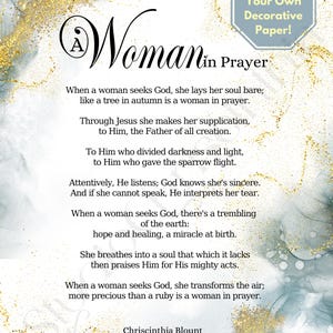 Op de afbeelding: Decoratieve papieren print met de tekst "A Woman in Prayer" in elegant schrift. De achtergrond heeft een aquarelontwerp met gouden accenten. De tekst bevat een gedicht over gebed, met de naam Chriscinthia Blount.