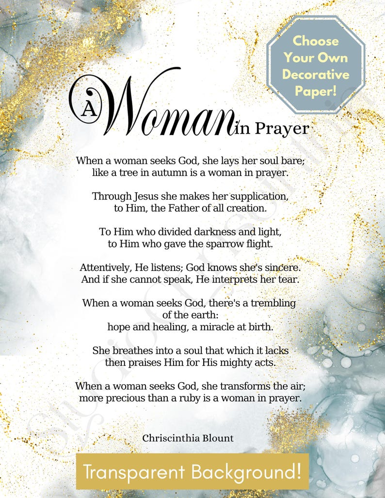 Op de afbeelding: Decoratieve papieren print met de tekst "A Woman in Prayer" in elegant schrift. De achtergrond heeft een aquarelontwerp met gouden accenten. De tekst bevat een gedicht over gebed, met de naam Chriscinthia Blount.