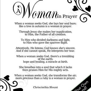Op de afbeelding: Een witte print met de woorden "A Woman in Prayer" in sierlijk schrift, vergezeld van een gedicht. Zwarte bloemen- en hartmotieven sieren de randen. De tekst "Choose Your Own Background!" staat rechtsonder.