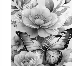 Butterfly and Flowers Coloring Page, Easter 2024, Adult Coloring Page, Nature Coloring Page, Self-Care Coloring, Grayscale Coloring