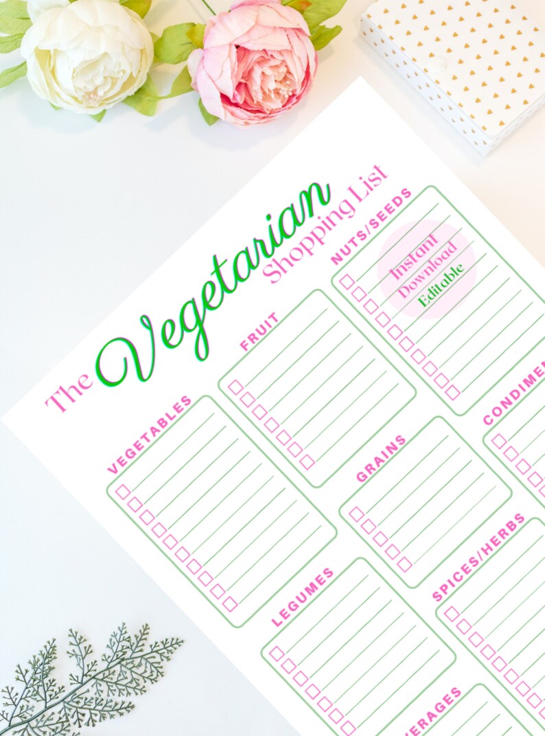 EDITABLE and FILLABLE Vegetarian Grocery List, Vegetarian Shopping List