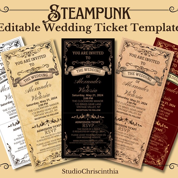 Steampunk Wedding Ticket Template, Wedding Invitation, Steampunk Wedding,  Steampunk, Ticket Template, Wedding Vow Renewal, RSVP Invitation