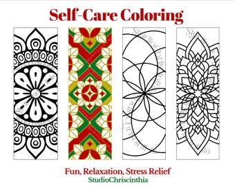 セルフケアぬり絵、マンダラぬり絵ブックマーク、印刷可能なセルフケアアクティビティ、PDF、すぐにダウンロード