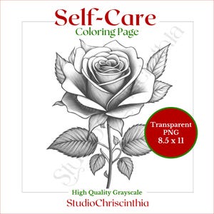 Página para colorear "Adelante en primavera", una rosa, cuidado personal, imprimible floral, escala de grises, PNG transparente