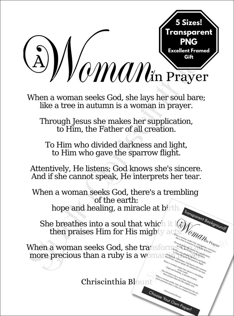 Op de afbeelding: Zwart-wit print met de tekst "Woman in Prayer" en een gedicht. De print bevat de tekst "5 maten! Transparante PNG Uitstekend ingelijst cadeau". De naam van de auteur, Chriscinthia Blount, staat onderaan.