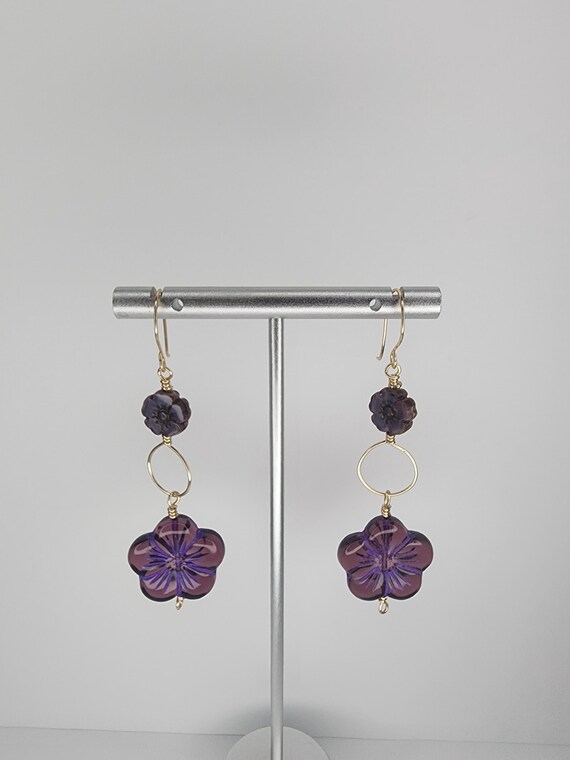 Czech Glass Flower Earrings, Wirewrapped Gold, Fairy, Nature, Handmade Jewelry, Witchy, Floral, Purple