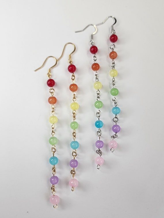 Rainbow Glass Beaded Earrings, Long Earrings, Gold or Silver, Cute and Colorful Jewelry, Gifts for Her