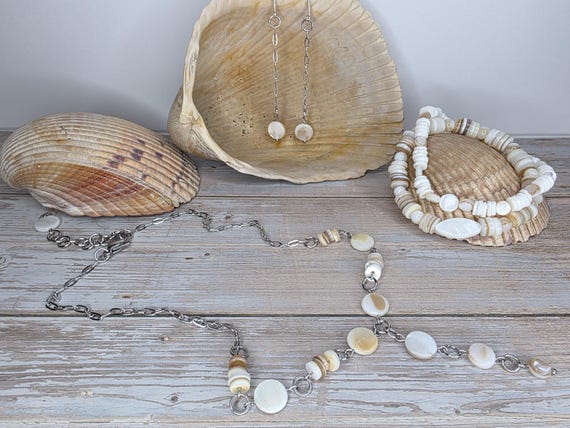 Natural Shell Necklace, Earrings & Bracelet Set, Sterling Silver, Beachy, Ocean Theme, Seashells, Handmade Jewelry