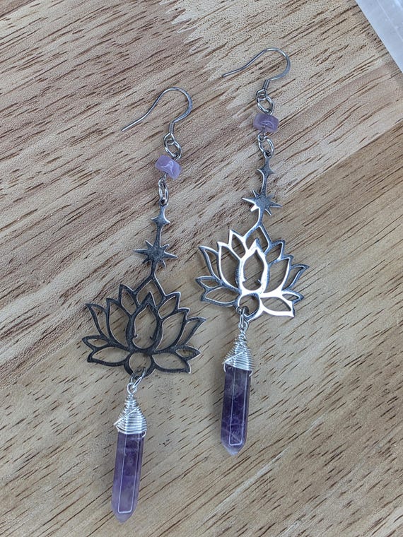 Wirewrapped Amethyst Point Earrings, Lotus Flowers, Silver
