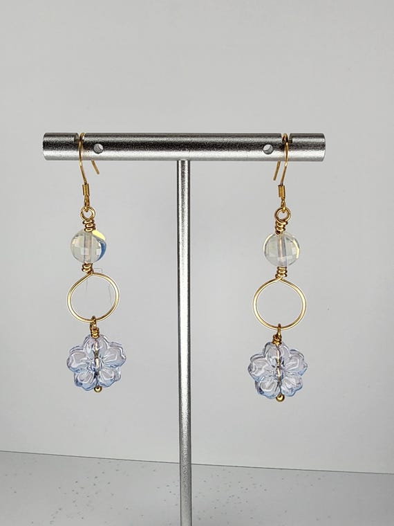 Opalite and Czech Glass Blue Flower Earrings, Gold, Wirewrapped, Handmade Jewelry, Gifts for Her, Artisan, Whimsical