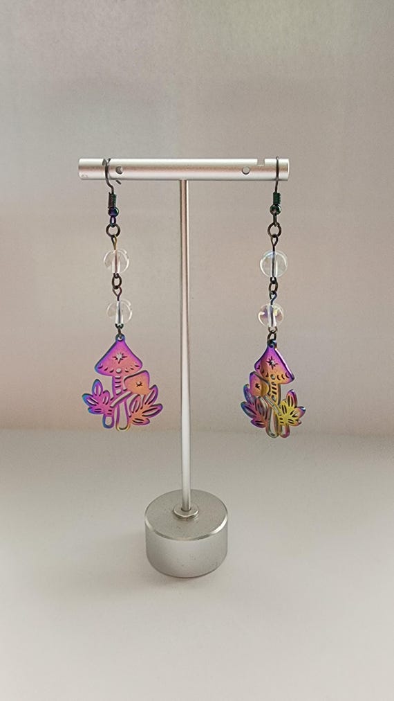Rainbow Mushroom Earrings, AB Beads, Handmade Jewelry, Moon, Fairy, Boho, Cottage Core Jewelry, Cute Accessories, Gifts for Her