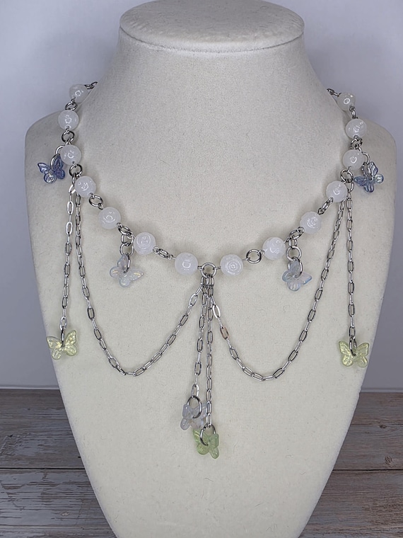 Fairy Necklace with Agate Beads and Butterflies, Silver