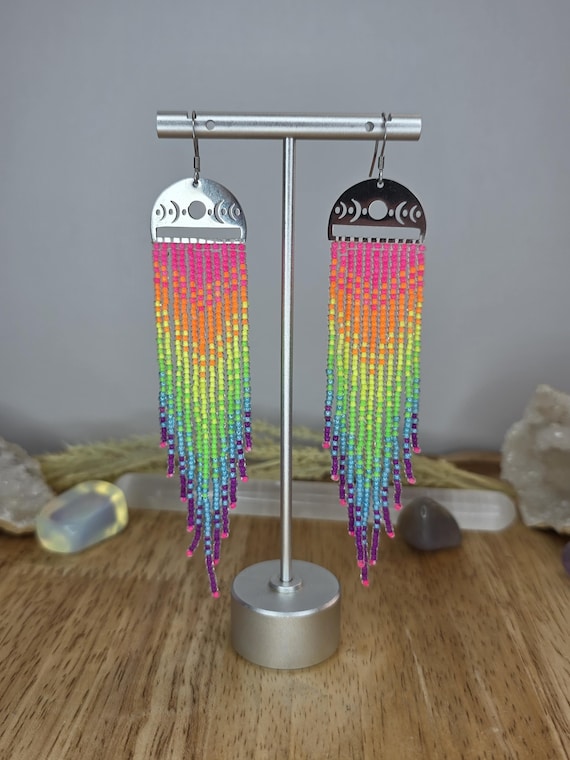 Neon Rainbow Beaded Fringe Earrings, Moons, Celestial, Witchy, Stainless Steel, Silver, Gifts for Her, Handmade Jewelry, Unique