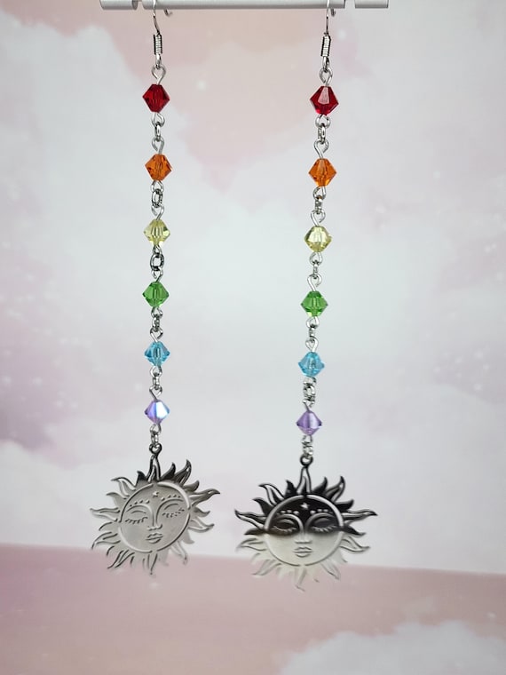 Rainbow Crystal Sun Earrings, Witchy, Celestial, Handmade Jewelry
