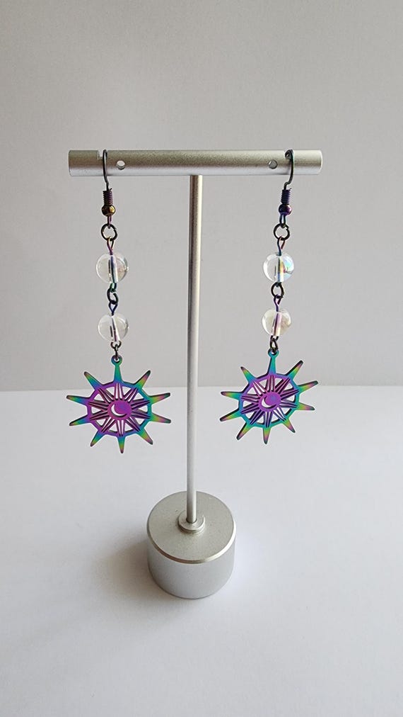Rainbow Sun Earrings,AB Beads, Fairy, Boho, Handmade Jewelry, Celestial, Witchy, Gifts for Her