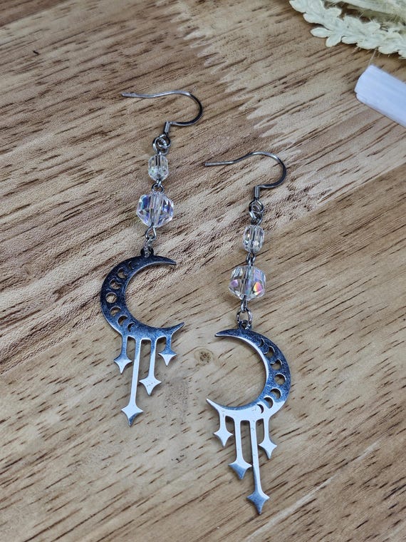 Moon Phases Earrings, Aurora Borealis, Celestial, Handmade Jewelry, Witchy, Fairycore, Artisan, Stars