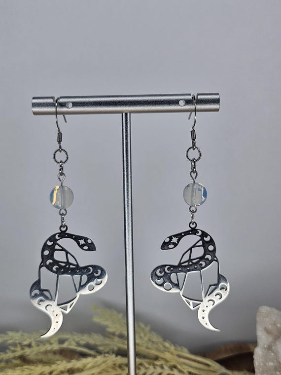 Opalite Stainless Steel Snake Earrings, Celestial, Handmade Jewelry, Moons, Stars, Crystals, Gemstones, Witchy, Fairycore, Cottagecore
