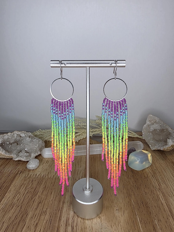 Neon Rainbow Beaded Fringe Earrings, Handmade Jewelry, Czech Glass Beads, Stainless Steel, Fun, Bright, Artisan, Birthday, Anniversary