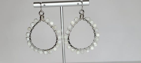White Shell Beaded Earrings, Wirewrapped, Hoops, Handmade Jewelry, Silver, Gifts for Her, Valentines