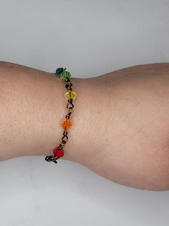Rainbow Crystal Bracelet, Wirewrapped, Handmade Jewelry, Gifts for Her, Valentines, Hearts, Bronze