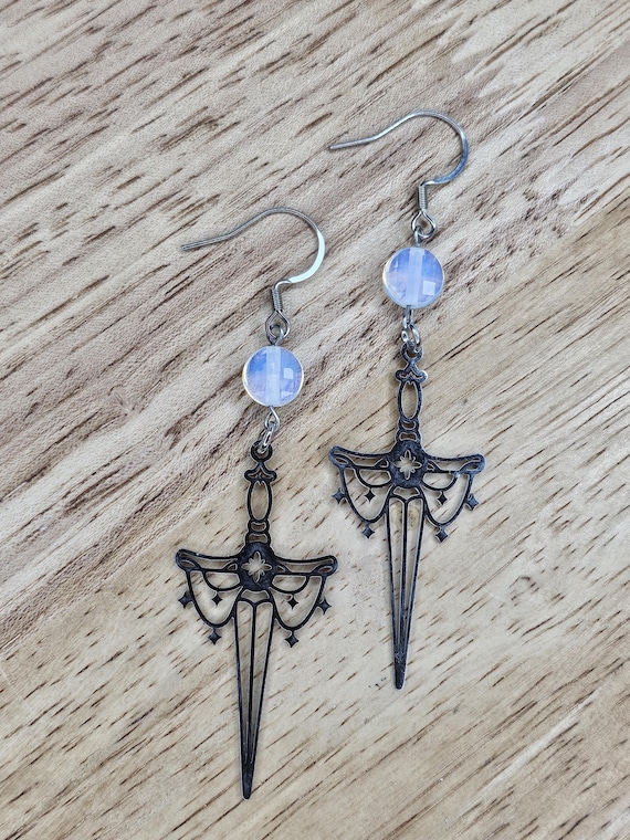 Opalite and Stainless Steel Sword Earrings, Handmade Jewelry, Celestial, Witchy, Stars, Silver, Artisan